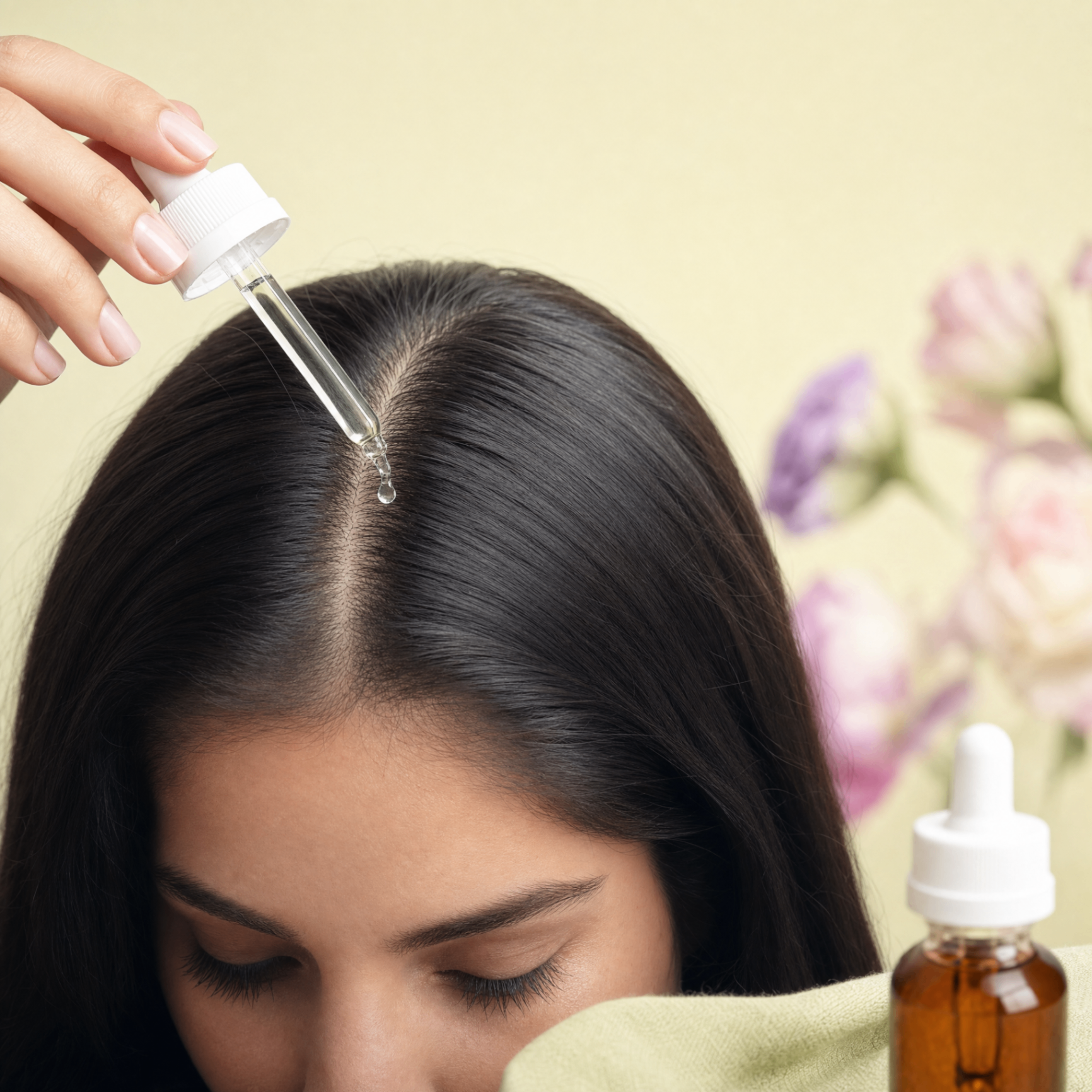 Applying Maia peptide hair growth serum to scalp